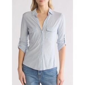 James Perse Womens Contrast Panel Button Up Three Quarter Sleeve Shirt Sz 4/XL